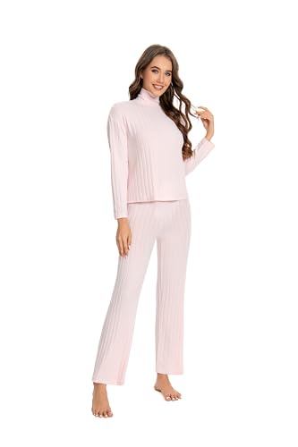 Nutria Damen Schlafanzug Set Streifen Mikrofleece Langarm Pyjama mit Hohem Kragen Weicher Loungewear für Frauen Elastische Nachtwäsche für Herbst und Winter Homewear Unterhemd und Freizeitmode D10 von Nutria