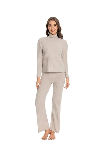 Nutria Damen Schlafanzug Set Streifen Mikrofleece Langarm Pyjama mit Hohem Kragen Weicher Loungewear für Frauen Elastische Nachtwäsche für Herbst und Winter Homewear Unterhemd und Freizeitmode D10 von Nutria
