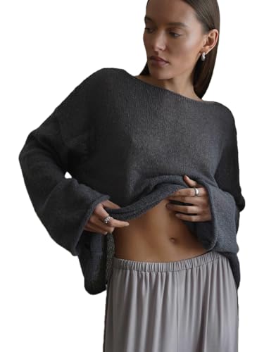 Nutria Häkelpullover Damen Rundhals Langarm Strickpullover Oversize Hakelnadel Cover Up Mesh Hollow Out Oberteil Lechit lässig Streetwear Schulterfrei Lässig & Vielseitig D11 Grau M von Nutria