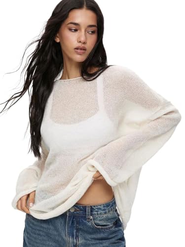 Nutria Häkelpullover Damen Rundhals Langarm Strickpullover Oversize Hakelnadel Cover Up Mesh Hollow Out Oberteil Lechit lässig Streetwear Schulterfrei Lässig & Vielseitig D11 Weiß L von Nutria