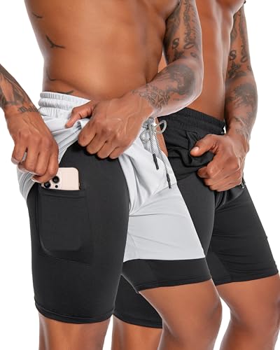 Nutria Herren Laufshorts 2er Pack 13 cm Leicht & Schnelltrocknend, Atmungsaktiv (Polyester-Elasthan) 2in1 für Fitness, Gym & Sport mit Reißverschlusstaschen & Handtuchschlaufe U19 von Nutria