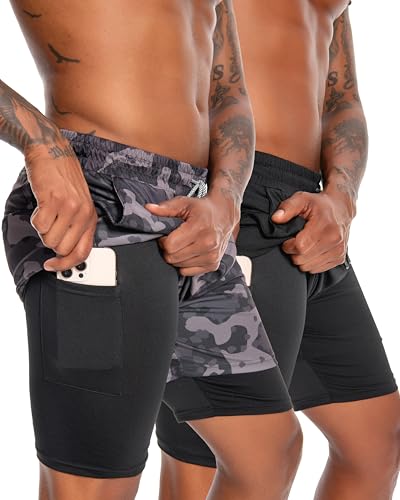 Nutria Herren Laufshorts 2er Pack 13 cm Leicht & Schnelltrocknend, Atmungsaktiv (Polyester-Elasthan) 2in1 für Fitness, Gym & Sport mit Reißverschlusstaschen & Handtuchschlaufe U19 von Nutria