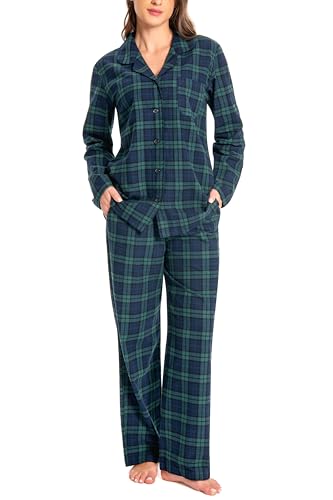 Nutria Schlafanzug Damen 100% Baumwolle Flanell Pyjama Set Langarm Oberteil mit Offenem Kragen Knöpfe Lang Unterteil Winter Nachtwäsche Loungewear Shirt und Hose Grün und Marineblau Kariert S von Nutria