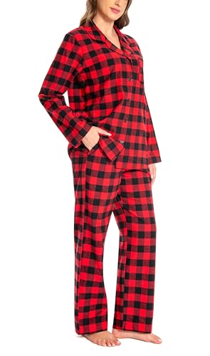 Nutria Schlafanzug Damen 100% Baumwolle Flanell Pyjama Set Langarm Oberteil mit Offenem Kragen Knöpfe Lang Unterteil Winter Nachtwäsche Loungewear Shirt und Hose Rotes Büffelkaro M von Nutria