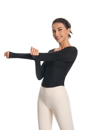 Nutria T-Shirt Damen Gym Top Sport Oberteil Sportshirt Yoga Crop Top Langarm Rundhals Leicht Fitness mit Daumenloch Atmungsaktiv Trainingsshirt D07 Schwarz S von Nutria