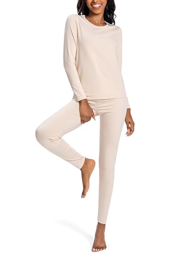 Nutria Thermounterwäsche Damen Set Unterwäsche Innenfleece Thermo Unterwäsche Leichtgewicht Thermooberteil Thermohose Base Layer für Frauen Rundhalsausschnitt Shirt und Hose D03 Beige (1 Set) 2XL von Nutria