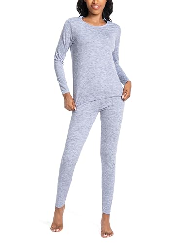 Nutria Thermounterwäsche Damen Set Unterwäsche Innenfleece Thermo Unterwäsche Leichtgewicht Thermooberteil Thermohose Base Layer für Frauen Rundhalsausschnitt Shirt und Hose D03 Blau (1 Set) L von Nutria