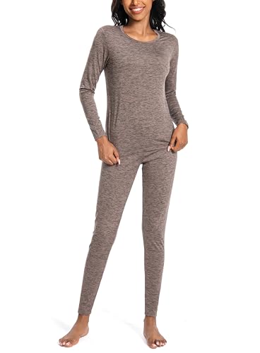 Nutria Thermounterwäsche Damen Set Unterwäsche Innenfleece Thermo Unterwäsche Leichtgewicht Thermooberteil Thermohose Base Layer für Frauen Rundhalsausschnitt Shirt und Hose D03 Braun (1 Set) 2XL von Nutria