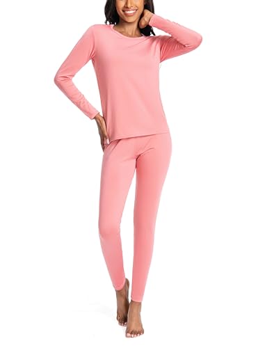 Nutria Thermounterwäsche Damen Set Unterwäsche Innenfleece Thermo Unterwäsche Leichtgewicht Thermooberteil Thermohose Base Layer für Frauen Rundhalsausschnitt Shirt und Hose D03 Rosa (1 Set) XL von Nutria