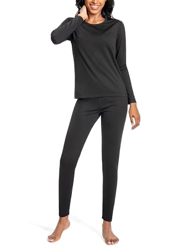 Nutria Thermounterwäsche Damen Set Unterwäsche Innenfleece Thermo Unterwäsche Leichtgewicht Thermooberteil Thermohose Base Layer für Frauen Rundhalsausschnitt Shirt und Hose D03 Schwarz (1 Set) XL von Nutria