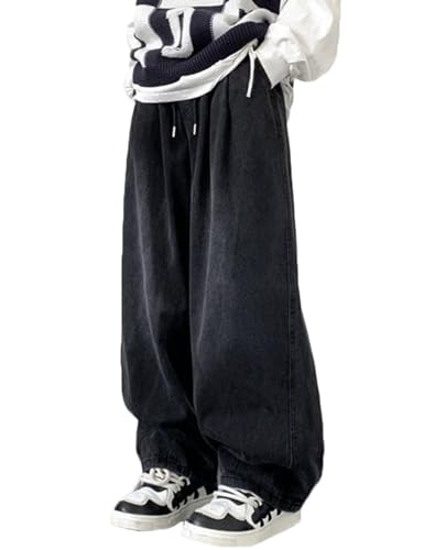 Nutirangee Herren Hip Hop Weites Bein Jeans Casual Streetwear Loose Fit Oversized Baggy Drawstring Denim Pants, Schwarz 7018, 28 von Nutriangee