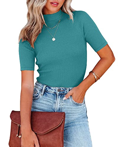 Nutssfiree Damen-Top, elegant, lässig, Rollkragen, kurzärmelig, gerippt, Business-Arbeitshemden, Blusen, Seeblau, Klein Nutssfiree Damen-Top, elegant, lässig, Rollkragen, kurzärmelig, gerippt, Business-Arbeitshemden, Blusen, Seeblau, Klein von Nutssfiree
