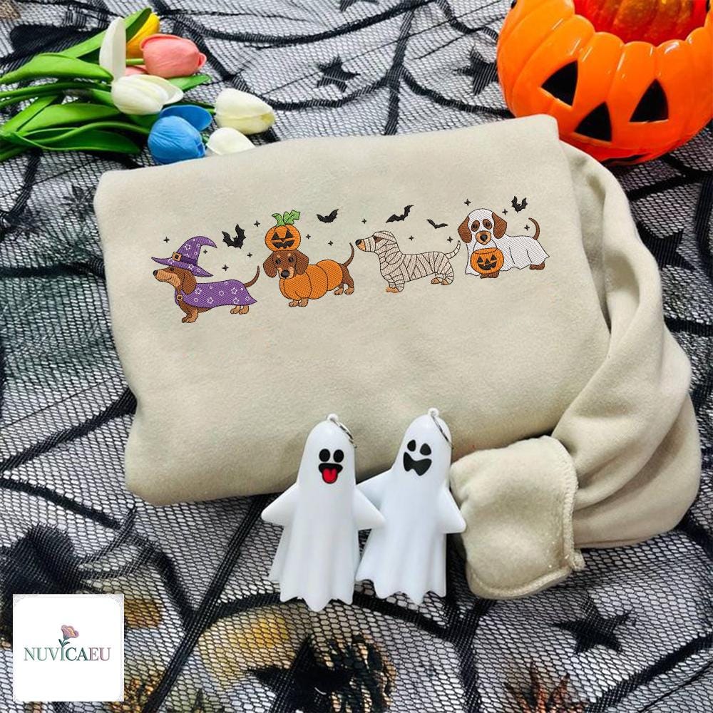Dackel Halloween Kostüm Sweatshirt Stickerei, Kürbis Hund T-Shirt, Lustiger Hundepulli Unisex Baumwolle S-5xl, Herbst Pullover Dackel Halloween Kostüm Sweatshirt Stickerei, Kürbis Hund T-Shirt, Lustiger Hundepulli Unisex Baumwolle S-5xl, Herbst Pullover von NuvicaEU