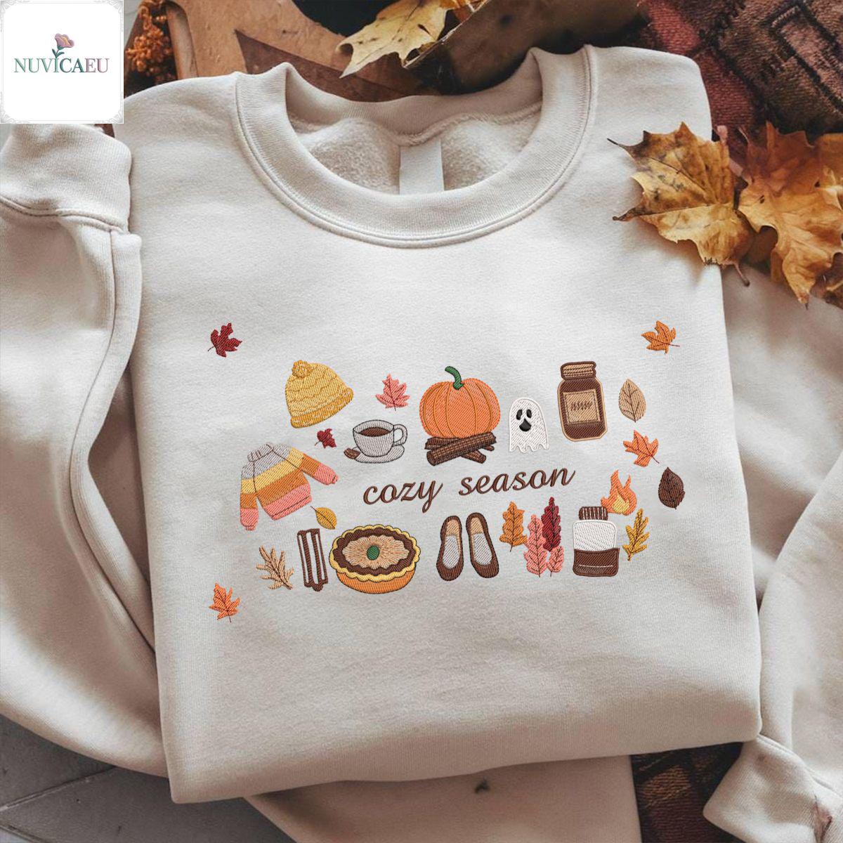 Embroidered Cozy Season Shirt, Fall Aesthetic Sweatshirt, Autumn Pumpkin T-Shirt, Ghost Outfit, Cute Sweater Embroidered Cozy Season Shirt, Fall Aesthetic Sweatshirt, Autumn Pumpkin T-Shirt, Ghost Outfit, Cute Sweater von NuvicaEU