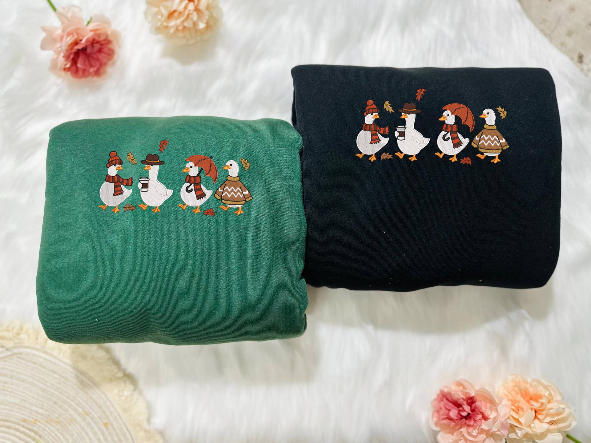 Embroidery Cozy Ducks Shirt, Autumn Duck Sweatshirt, Fall Coffee T-Shirt, Cute Embroidered Outfit, Animal Gift Embroidery Cozy Ducks Shirt, Autumn Duck Sweatshirt, Fall Coffee T-Shirt, Cute Embroidered Outfit, Animal Gift von NuvicaEU