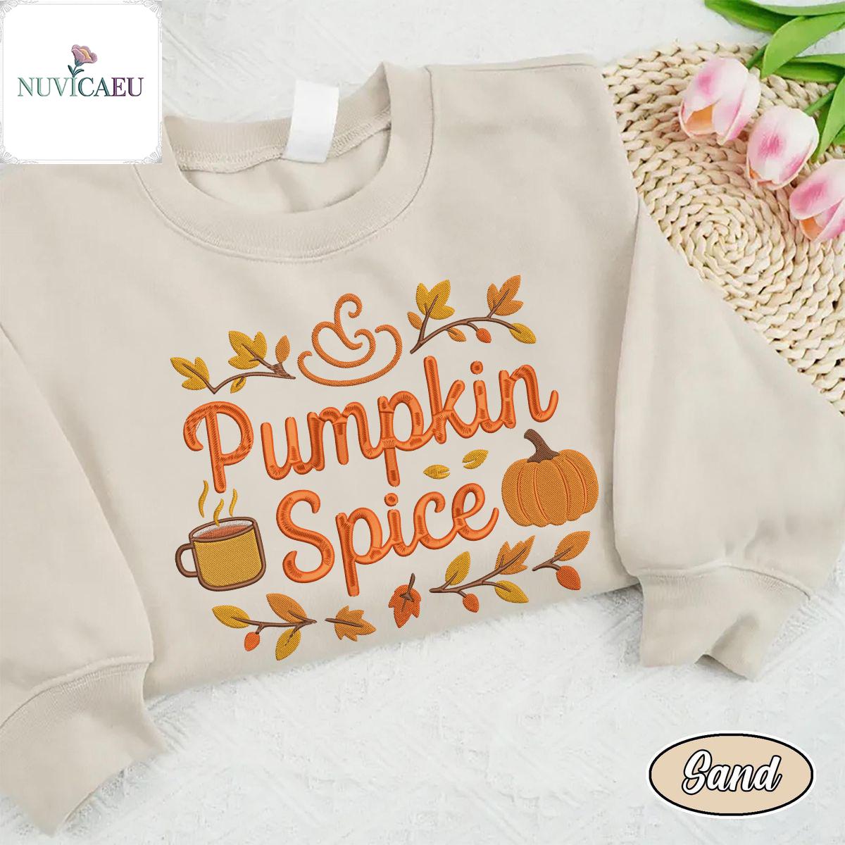 Embroidery Pumpkin Spice Shirt, Fall Coffee Embroidered Leaves Design, Autumn Cozy T-Shirt, Thanksgiving Season Sweatshirt Gift Embroidery Pumpkin Spice Shirt, Fall Coffee Embroidered Leaves Design, Autumn Cozy T-Shirt, Thanksgiving Season Sweatshirt Gift von NuvicaEU