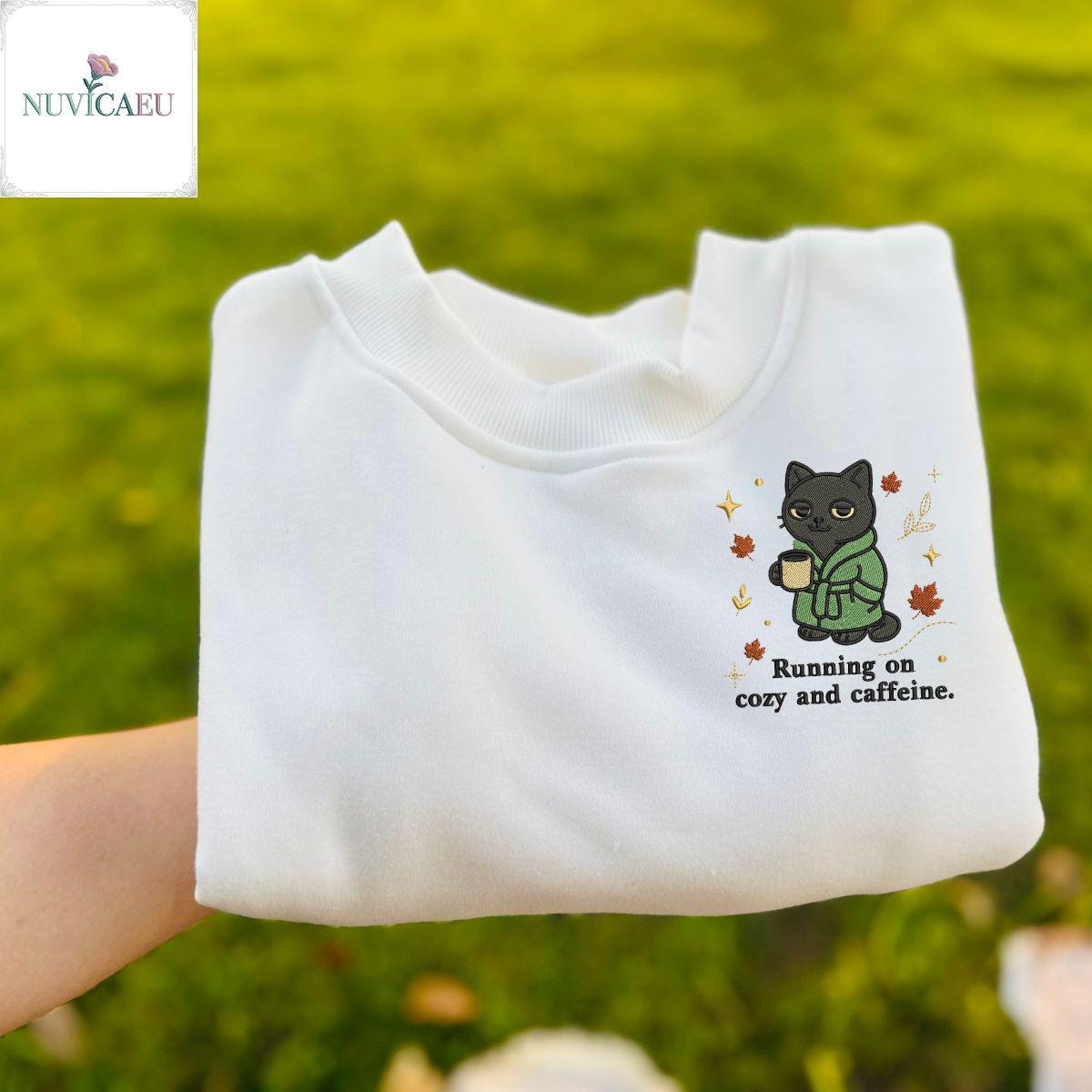 Embroidery Running On Cozy & Caffeine Shirt, Autumn Cat Sweatshirt, Coffee Lover T-Shirt, Lazy Morning Fall Outfit Embroidery Running On Cozy & Caffeine Shirt, Autumn Cat Sweatshirt, Coffee Lover T-Shirt, Lazy Morning Fall Outfit von NuvicaEU