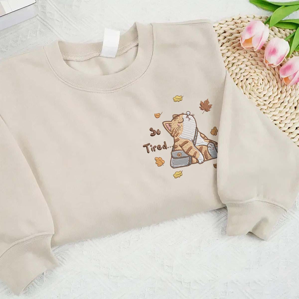 Embroidery So Tired Cat Shirt, Fall Sweatshirt, Cute T-Shirt, Autumn Leaves Cozy Lover Gift, Embroidered Kitty Top Embroidery So Tired Cat Shirt, Fall Sweatshirt, Cute T-Shirt, Autumn Leaves Cozy Lover Gift, Embroidered Kitty Top von NuvicaEU