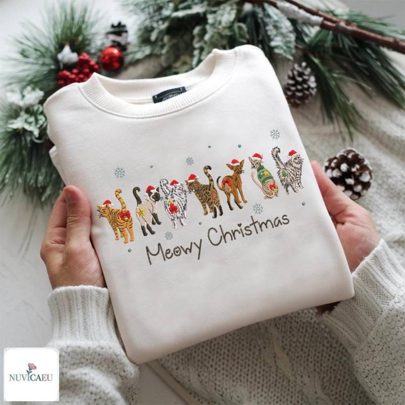 Gesticktes Meowy Christmas Sweatshirt, Katzen Weihnachts Pullover, Katzenmotiv T-Shirt, Geschenk Für Katzenliebhaber von NuvicaEU