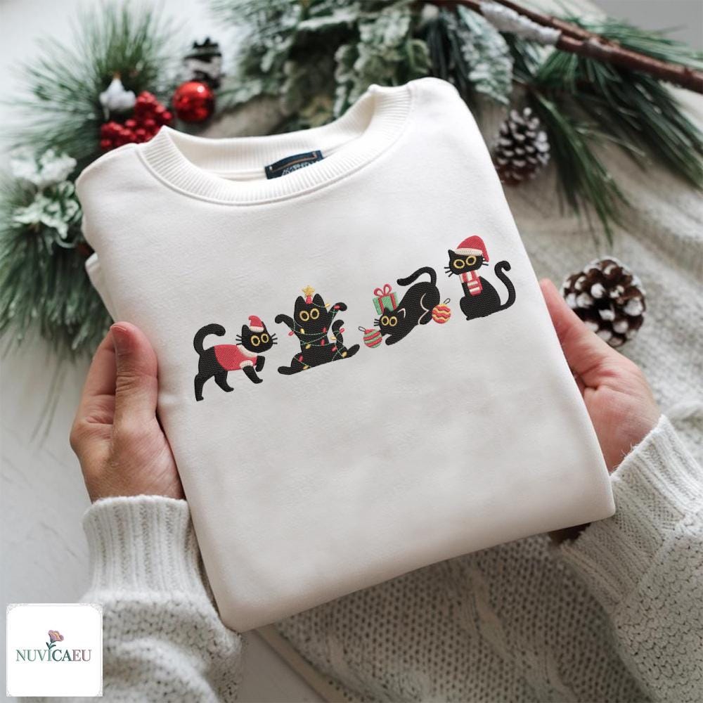 Gesticktes Schwarze Katzen Weihnachten Sweatshirt, Lustiges T-Shirt Mit Katzendesign, Hoodie Weihnachtsmotiv, Geschenk Für Tierliebhaber von NuvicaEU