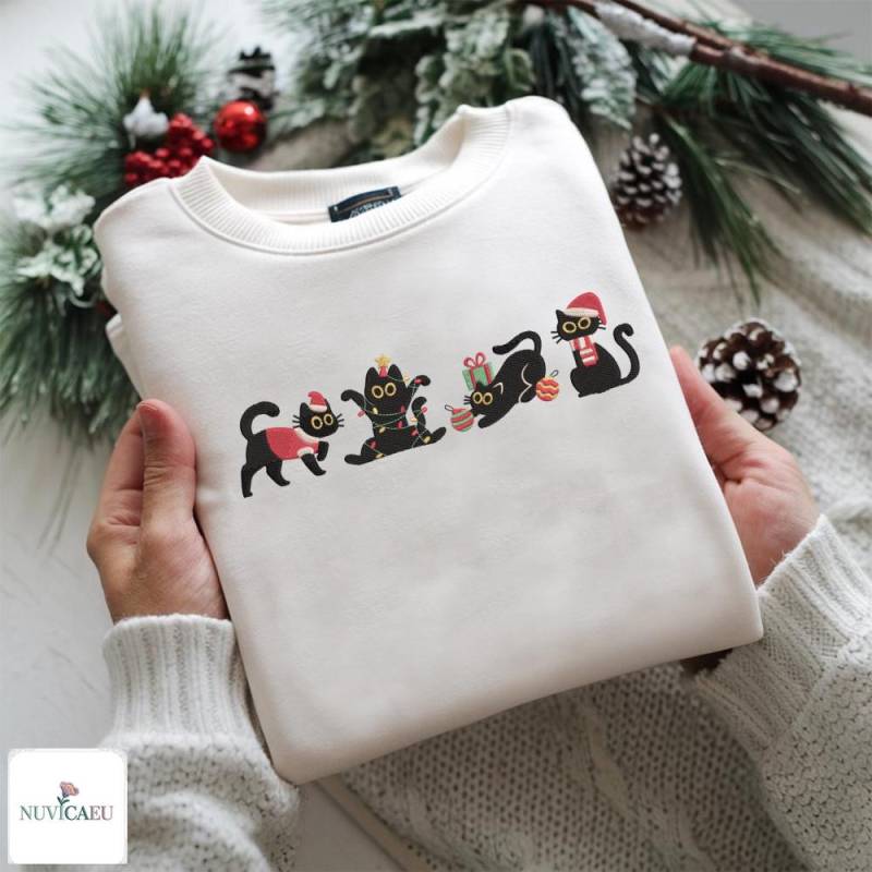 Gesticktes Schwarze Katzen Weihnachten Sweatshirt, Lustiges T-Shirt Mit Katzendesign, Hoodie Weihnachtsmotiv, Geschenk Für Tierliebhaber von NuvicaEU