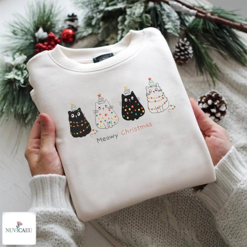 Meowy Christmas Katzen Sweatshirt Bestickt, T-Shirt Mit Katzenspruch, Weihnachts Hoodie, Lustiges Unisex Geschenk, Tierliebhaber Kleidung von NuvicaEU