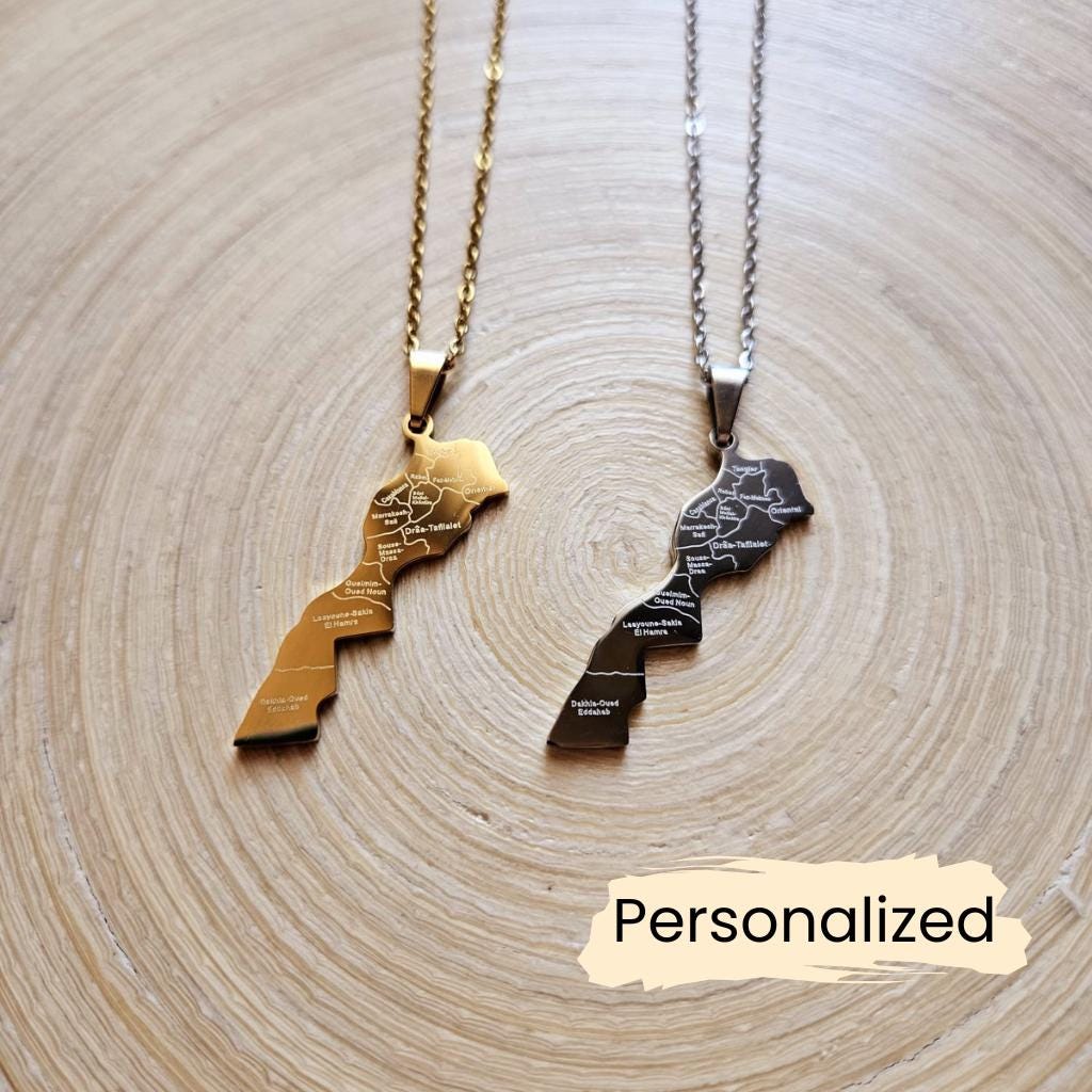 Marokko Regionen Kette - Morocco Map Necklace Länder Anhänger Geschenk Afrika Schmuck Pendant Personalisierung von NuvoraJewelry