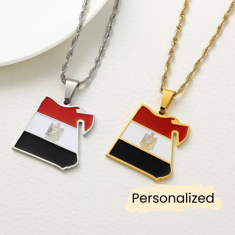 Ägypten Halskette - Egypt Map Flag Necklace Umriss Anhänger Gold/Silber Edelstahlschmuck Gravur Auf Rückseite Personalisierbar von NuvoraJewelry