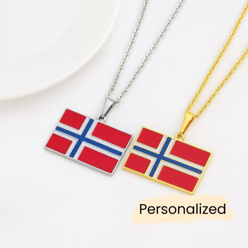 Personalisierte Norwegen Flagge Halskette - Norway Flag Necklace Edelstahl Anhänger Gold/Silber Gravur Auf Rückseite Geschenkidee von NuvoraJewelry