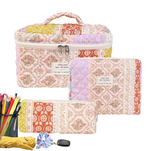 Blumen-Make-up-Tasche, Blumen-Kosmetiktasche - 3-teiliges Make-up-Etui - Niedliche Baumwoll-Make-up-Pinsel-Aufbewahrungstasche, Blumen-Reise-Kulturbeutel, Organizer, ästhetisch, für Frauen von Nuytghr
