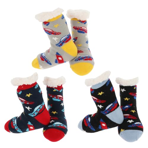 Nuzzles Kids Cosy Slipper Socken Jungen 3er Pack Fleece Gefüttert Rutschfeste Sohlen Raumschiff Roboter Nordische Designs, Raumschiff, Einheitsgröße von Nuzzles GIVE YOUR FEET SOMETHING TO SNUGGLE