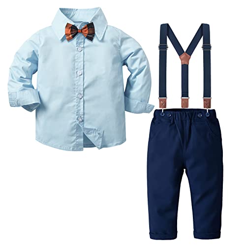 Nwada Anzug Kinder Jungen Bekleidungsset Junge Krawatte Shirt + Gentleman Hosenträger Hosen Bekleidung Sets Blau 6-7 Jahre (130) von Nwada