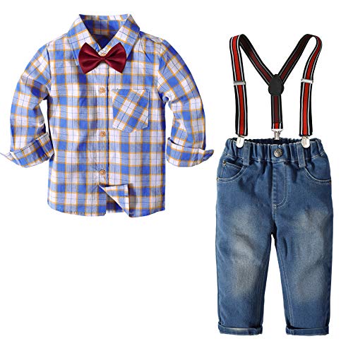 Nwada Kleinkind Jungen Langarm Hemden +HosenträGer Jeans Hose + Fliege 4 StüCk Jungen Winter Gentleman Outfits Sets Blau 3 Jahre von Nwada