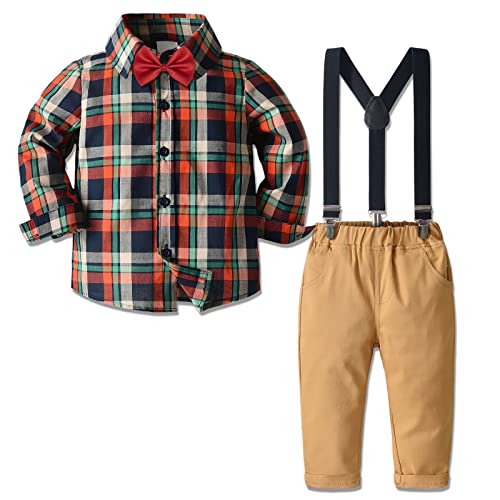 Nwada Herbst Jungen Kleidung Set Kariertes Hemd + HosenträGer Hosen Set 4 StüCk Kleinkinder Gentleman Outfits AnzüGe Set Khaki 18-24 Monate von Nwada