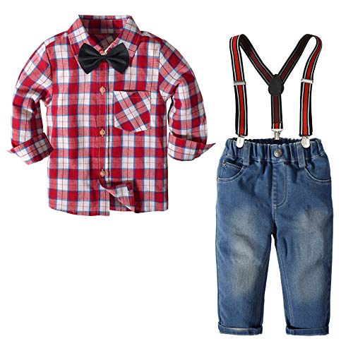 Nwada Herbst Jungen Kleidung Sets Fliegen Krawatten Hemd + HosenträGer Jeans Hosen Kleinkind Junge Weihnachtsoutfits Rot 5 Jahre von Nwada