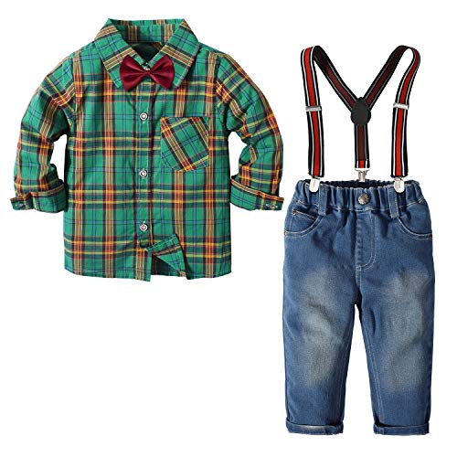 Nwada Jungen 4pcs Weihnachtskleidung Langarmhemden Tops + HosenträGer Jeans + Fliege Kleinkind Junge Geburtstagsfeier Outfits AnzüGe GrüN 5 Jahre von Nwada