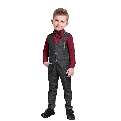 Nwada Jungen-Anzug-Set, Kinder-Blazer und Hosen-Outfit, formelle Anzüge für Kinder, Langarm-Hemden + Weste + Hose + Fliege, 4-teiliges Kinder-Smoking-Outfit für 3-4 Jahre von Nwada