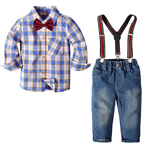 Nwada Jungen Herbst Winter Kleidung Sets Fliegen Krawatten Hemden + HosenträGer Hosen Jeans Kleinkind Junge Gentleman Outfits Blau 2 Jahre von Nwada