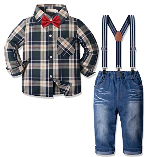 Nwada Jungen Kleid Kleidung Größe 6 Langarm Fliege Shirts + Hosenträger Denim Jeans 4pcs Thanksgiving Outfits für Jungen von Nwada