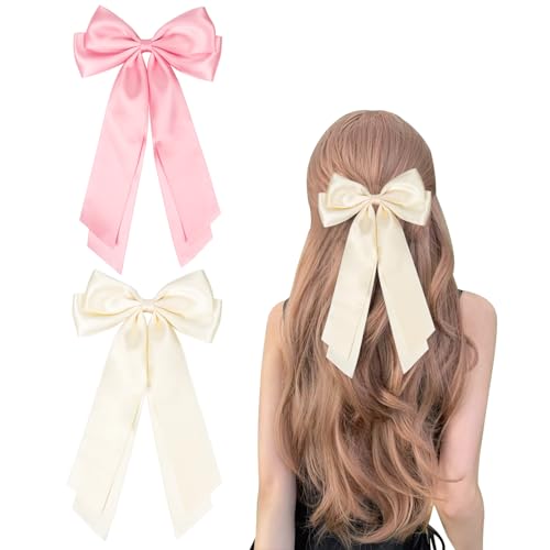 2 Stück Haarschleife Haarspangen Schleife, Haarklammer Schleife mit langem Schwanz, Schleifen haare Schwarzes Haarschmuck für Mädchen Frauen(Beige, Rosa) von Nwvuop