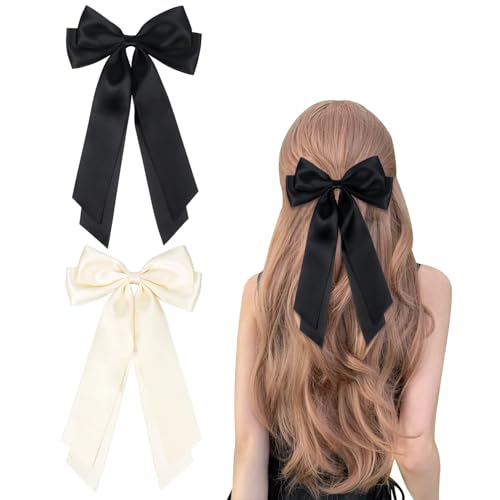 2 Stück Haarschleife Haarspangen Schleife, Haarklammer Schleife mit langem Schwanz, Schleifen haare Schwarzes Haarschmuck für Mädchen Frauen(Schwarz, Beige) von Nwvuop