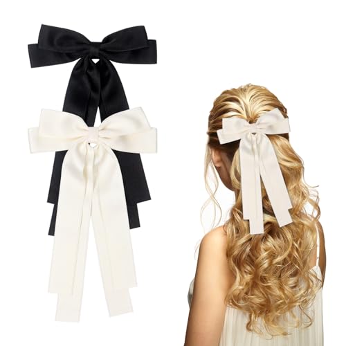 2 Stück Haarschleifen Damen, Schleife Haarspange Satin Haarklammer Hair Bows für Hochzeit Geburtstag Party(Schwarz, Beige) von Nwvuop