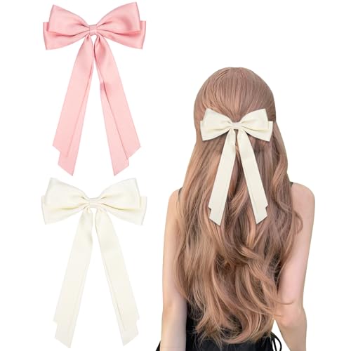 2 Stück Haarschleifen Haarspangen Schleife, Schwarz Haar Bänder Schleife Haarspangen für Damen Langer Schwanz Schleifen Haare Haarspangen Haarschmuck für Frauen Mädchen(Beige, Rosa) von Nwvuop