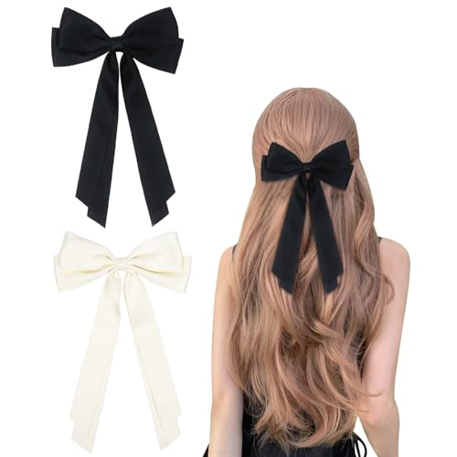 2 Stück Haarschleifen Haarspangen Schleife, Schwarz Haar Bänder Schleife Haarspangen für Damen Langer Schwanz Schleifen Haare Haarspangen Haarschmuck für Frauen Mädchen(Schwarz, Beige) von Nwvuop