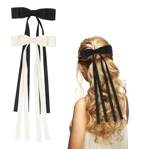2 Stück Schleifen Haarspange 11× 27cm Haarschleife Damen Schleifen Haare Haarschmuck für Frauen Mädchen Hochzeit Geburtstag Party(Schwarz, Beige) von Nwvuop