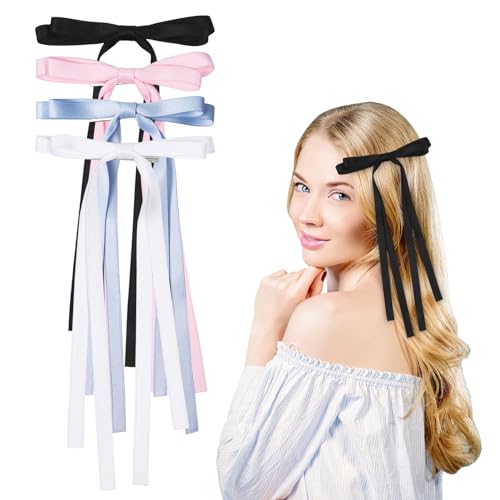 4 Stück Haarschleife Damen Haarspangen mit Schleife, Satin Schleife Haare Haarschmuck Für Mädchen Kinder(Schwarz, Weiß, Rosa, Blau) von Nwvuop