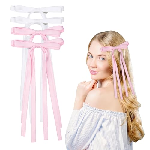 4 Stück Haarschleife Damen Haarspangen mit Schleife, Satin Schleife Haare Haarschmuck Für Mädchen Kinder(Weiß, Rosa) von Nwvuop