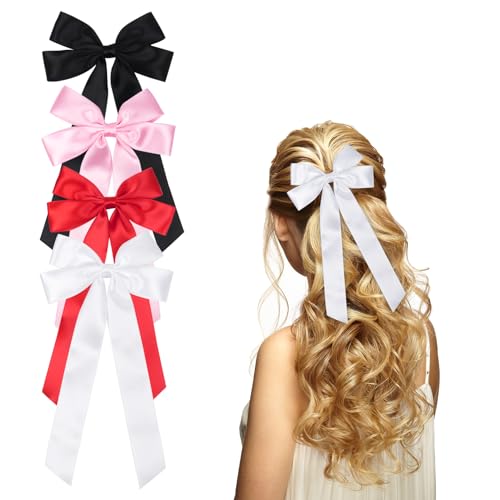 4 Stück Haarschleife Mädchen damen, Satin Schleifen Haare Haarspange Haarschmuck für Mädchen(Schwarz, Weiß, Rosa, Rot) von Nwvuop