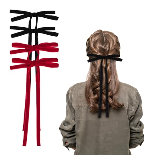 4 Stück Haarschleife Schwarz Damen Haarspange mit Schleife, Samt Haarklammer für Frauen und Mädchen(Schwarz, Rot) von Nwvuop
