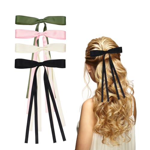 4 Stück Haarschleifen Damen Schleife Haare Haarspangen mit Schleifen, schwarze Schleifen Spange Haarklammer für Damen, Mädchen(Schwarz, Beige, Rosa, Grün) von Nwvuop